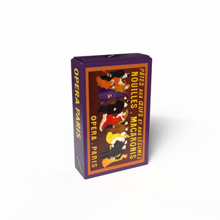 The Opéra Paris | 99 Piece Jigsaw Puzzle by Penny Puzzle features a purple box with illustrated figures and French text celebrating pasta, macarons, and noodles—ideal as a vintage collectible for mini puzzle fans.