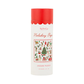 A tall, cylindrical container with a red lid from My Mind’s Eye, labeled “Holiday Pups | 400 Piece Jigsaw Puzzle,” features a festive dog-themed illustration and contains a 400-piece chipboard puzzle.