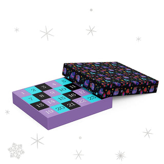 Introducing the Midnight Glow Jigsaw Puzzle Advent Calendar by Cloudberries—a rectangular box with a vibrant, festive lid and a grid of numbered squares from 1 to 23 on a purple base. Displayed on a white background adorned with stars and snowflakes, it’s perfect for use as an advent calendar or Christmas puzzle, featuring a 1,000-piece jigsaw for holiday fun.