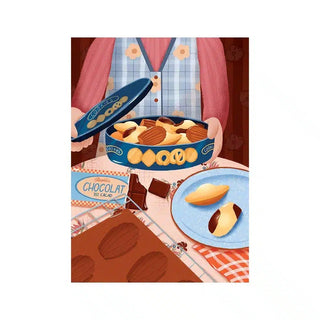 A person in a plaid vest holds an open tin of cookies; chocolate, cookies, and a half-finished Trevell Grandma’s Cakes 99 Piece Jigsaw Puzzle rest on a checkered tablecloth below.