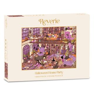 The Halloween House Party | 1,000 Piece Jigsaw Puzzle from Reverie Puzzles features a vibrant and cozy indoor Halloween scene filled with people, pets, pumpkins, and festive decorations in rich purple and orange hues. At the heart of this lively holiday gathering is a book-loving skeleton, bringing a charmingly whimsical touch to the spirited setting.