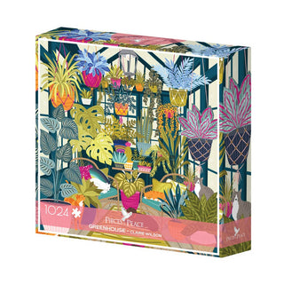 The Greenhouse | 1,000 Piece Jigsaw Puzzle by Pieces & Peace features an illustrated greenhouse filled with colorful potted plants and greenery; designed by Claire Wilson and made in France.