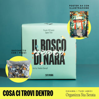 The StoPuzzle Il Bosco Di Nara 500-piece jigsaw puzzle includes a bag of pieces and an A4 illustrated poster, all presented on a teal background and inspired by serene Japanese aesthetics.