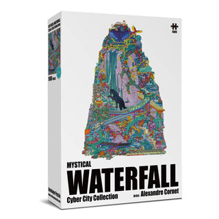 The Mystical Waterfall Cyber City is a 1,000 piece jigsaw puzzle from Antelope Puzzle, featuring vibrant urban waterfall artwork by Alexandre Cornet.