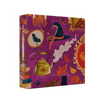 Celebrate the spooky season with the Halloween | 1,000 Piece Jigsaw Puzzle by Cloudberries—featuring vibrant Halloween-themed illustrations like a witch hat, cauldron, bat, pumpkin, candle, autumn leaves, teapot, spider, black cat, and magical books on a purple background—perfect for anyone who loves a witchy puzzle adventure!.