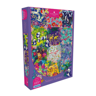 The Gibsons Games House of Turnowsky: Nature’s Carnival 1,000-piece jigsaw puzzle features colorful animal illustrations and vibrant nature scenes.
