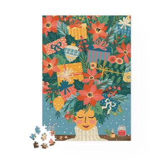 The Christmas Spirit 1,000 Piece Jigsaw Puzzle by Maison Joliette features a serene person with closed eyes, surrounded by flowers, gifts, and ornaments—a perfect relaxing activity for adults.