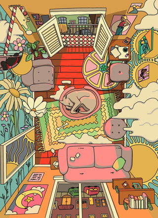 Enjoy The Way Home, a 500-piece jigsaw puzzle by Rolexa Puzzle Company, featuring Justine Persigehl-Flak’s colorful overhead living room scene—dog on rug, cozy furniture, plants, and balcony—for fans of nostalgic apartment puzzles.