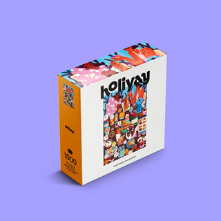 The Brunch Abondant 1,000 piece jigsaw puzzle by Holiyay Puzzles features Maïté Franchi's colorful, whimsical artwork with various characters and objects on a light purple background, all with a premium matte finish.