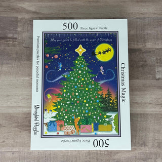Enjoy holiday fun with the Christmas Magic | 500 Piece Jigsaw Puzzle by Mimsybird Puzzles—featuring a festive Christmas tree, gifts, animals, and decorations under a starry night sky.