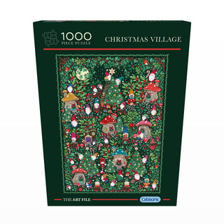 Enjoy The Art File: Christmas Village 1,000 Piece Jigsaw Puzzle by Gibsons Games—an illustrated festive scene with gnomes, mushroom houses, and holiday décor. A delightful puzzle for cozy winter nights.