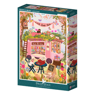 Books & Miles is a 1,000-piece jigsaw puzzle by Pieces & Peace, featuring an illustrated pink bookmobile labeled "Little Book Club," surrounded by books, flowers, a ladder, and typewriters in a vibrant garden scene.