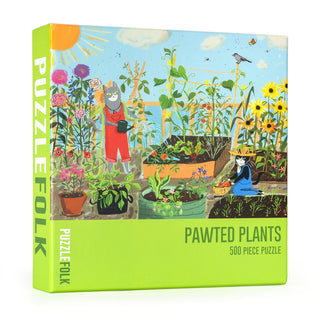 The Pawted Plants | 500 Piece Jigsaw Puzzle by Puzzlefolk features illustrated animals and cats caring for vibrant plants and flowers.