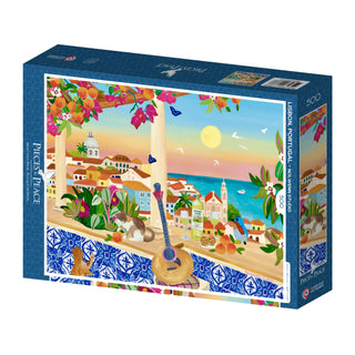 The Pieces & Peace "Lisbon, Portugal | 500 Piece Jigsaw Puzzle" showcases a vibrant Nolwenn Studio illustration of a guitar on a terrace overlooking Lisbon’s city buildings, flowers, and the sea at sunset—beautifully crafted in France.