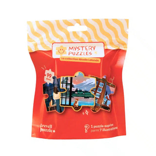 Red pouch containing a Nicolle Lalonde Mystery Puzzle | 99 Piece Jigsaw Puzzle by Trevell, featuring illustrated puzzle pieces on the front.