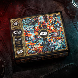 The theory11 Star Wars | 1,000 Piece Jigsaw Puzzle features vivid franchise scenes and characters displayed on a dark, industrial-style background.