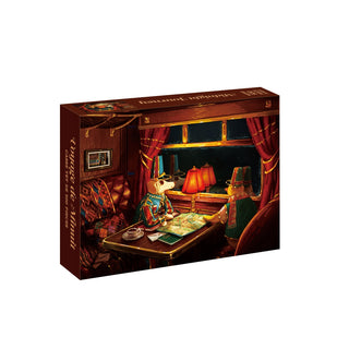 Midnight Journey 500 Piece Jigsaw Puzzle box showing two dogs in uniform sitting at a train cabin table, studying a map together.