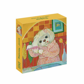 Introducing the Good Morning | 208 Piece Jigsaw Puzzle by WEVE, featuring a charming illustration of a dog in pajamas brushing its teeth in a vibrant bathroom. Crafted from premium blue board, this puzzle offers both durability and an exceptional quality feel.