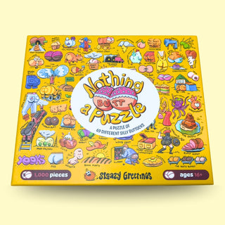 Bright and playful, the Nothing Butt A Puzzle | 1,000 Piece Jigsaw Puzzle from Sleazy Greetings showcases 69 hilarious cartoon butt designs. Perfectly suited for ages 16 and up, this funny jigsaw puzzle is guaranteed to entertain you from the first piece to the last!.
