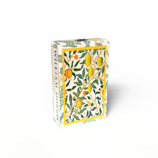 The Penny Puzzle William Morris Citrus Fruits 99 Piece Jigsaw Puzzle comes in a rectangular box with a botanical lemon and leaf design—ideal for vintage puzzle fans or anyone seeking a charming, timeless Citrus Fruits puzzle.