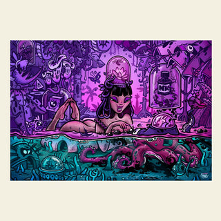 A woman lounges in a chaotic, cartoon-like purple bath with bizarre creatures and tentacles, inspired by the StoPuzzle Ink Octavia | 500 Piece Jigsaw Puzzle.