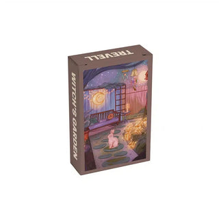 The Witch's Garden | 99 Piece Jigsaw Puzzle by Trevell showcases a cozy magical garden with a white cat, lanterns, and lush plants, blending card game charm with illustrated puzzle beauty.