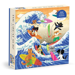 The Great Surf 500 Piece Jigsaw Puzzle by Galison features dogs and cats surfing on vibrant boards among stylized ocean waves.