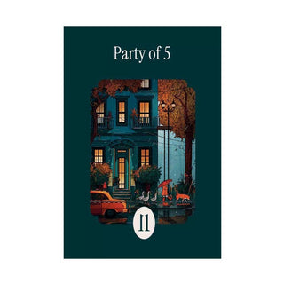The la pauz Party of 5 | 99 Piece Jigsaw Puzzle features five people heading to a house at night, autumn trees, a red car, and "Party of 5" with the number 11—part of the la pauz cozy mini puzzle collection.