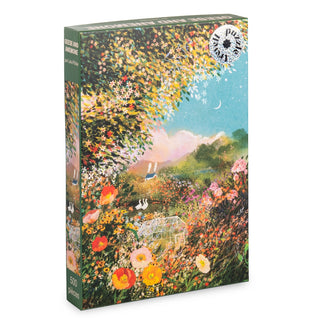 The Geese and Anemone 500 Piece Jigsaw Puzzle by Trevell features vibrant garden scenes with flowers, trees, a greenhouse, birds, and a crescent moon—ideal for nature lovers and eco-friendly puzzle fans.