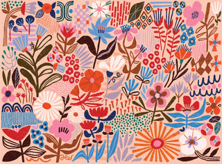 Flower Power by Puzzlefolk is a 1,000 piece jigsaw puzzle featuring colorful, abstract flowers and plants with bold patterns and geometric shapes on a peach background—perfect for vibrant garden-themed puzzling fun.