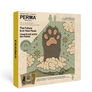 The PERMA Puzzle "The Future Is In Your Paws" is a 321-piece jigsaw with a large cat paw print, English and French text, made from Dutch blue-core chipboard and cards, all on the front of the square box.