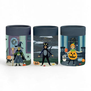 Discover the Trick-Or-Treaters Set of 3 100 Piece Jigsaw Puzzles by 1canoe2, featuring illustrated containers with delightful Halloween characters—a witch with a broom, a person in a black cat costume, and another in a pumpkin costume—each set against festive scenes. Perfect for fans of trick-or-treaters or collectors of Halloween puzzles.