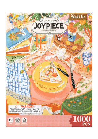Robotime Leisurely Holiday | 1,000 Piece Jigsaw Puzzle features a vibrant table scene with food, drinks, and art supplies. Ideal for adults. Includes warning: contains small parts.