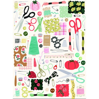 Colorful illustration of sewing supplies like scissors, thread, fabric, and buttons on a white background—perfect for Puzzlefolk’s Sew Cute! | 1,000 Piece Jigsaw Puzzle.