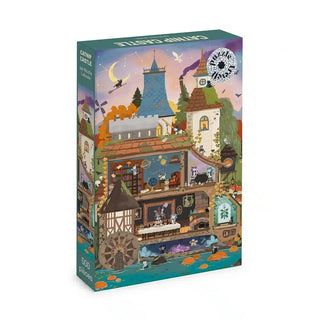 The Trevell Catnip Castle | 500 Piece Jigsaw Puzzle features a whimsical scene of cats exploring towers and detailed rooms within a vibrant catnip castle, all set against a colorful sky.