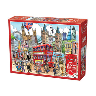 The Cobble Hill Doodletown: London Calling 1,000-piece puzzle features a vibrant cartoon of London, complete with landmarks, a red double-decker bus, and people in unique costumes.