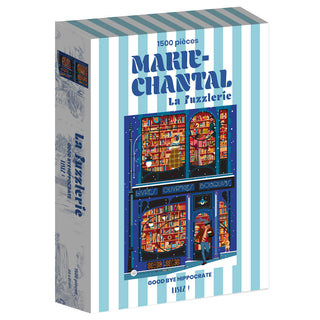 The Read! 1,500 piece jigsaw puzzle by Marie-Chantal features an illustrated bookstore scene with bookshelves, a person reading, and blue striped borders.