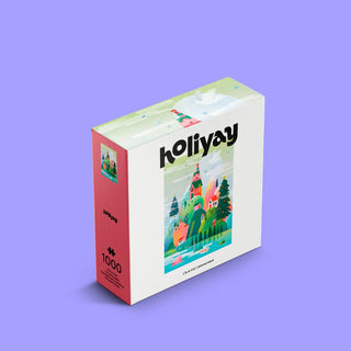 The Île Christmas 1,000-piece jigsaw puzzle by Holiyay Puzzles features a vibrant village scene on a light purple background. Enjoy hours of fun with its precision cut pieces and premium matte finish.
