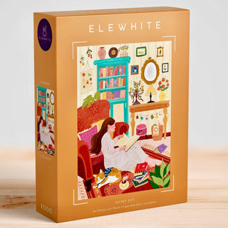 Box of Elewhite Quiet Joy | 1,000 Piece Jigsaw Puzzle, showcasing original artwork of an illustrated woman reading in a cozy, colorful living room, crafted on premium puzzle board for an exceptional puzzling experience.