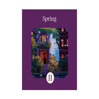 A person with an umbrella stands on house steps amid lush spring plants, reflecting the charm of the la pauz Spring | 99 Piece Jigsaw Puzzle. "Spring" and "II" appear above and below on a purple background.
