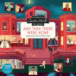 Illustrated image of a large red mansion with people in different rooms, featuring the text “And Then There Were None” and branding for the Laurence King Publishing 1,000 piece World of Agatha Christie: And Then There Were None jigsaw puzzle.