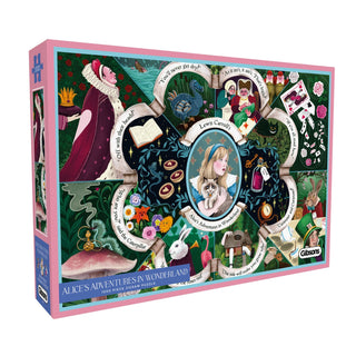 The Gibsons Games "Alice's Adventures in Wonderland | 1,000 Piece Jigsaw Puzzle" box showcases illustrated scenes and characters from the classic tale, with memorable quotes and vibrant artwork on the cover.