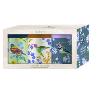 The Feathered Friends set from 1canoe2 includes three 100-piece jigsaw puzzles, each with a bird and floral illustration—perfect for fans of botanical art.