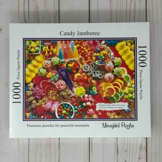 Candy Jamboree | 1,000 Piece Jigsaw Puzzle by Mimsybird Puzzles features a vibrant image of assorted colorful candies—perfect for sweet-themed fun.