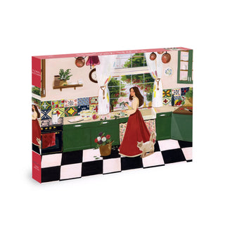 The Floral Kitchen | 1,000 Piece Jigsaw Puzzle by Olleo Puzzles features charming artwork by Lou, depicting a woman in a red skirt cooking in a vibrant kitchen filled with plants, a cat, and a checkered floor. This beautifully illustrated puzzle comes neatly packed in a cotton bag for easy storage.