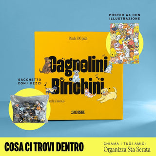 The Cagnolini Birichini 500-piece puzzle by StoPuzzle features playful dog illustrations, a bag of pieces, and an A4 poster with cartoon animals. Italian text details the contents of this Mischievous Puppies set.