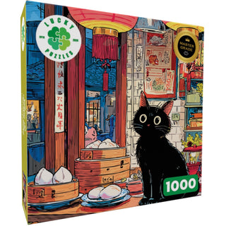 The Bao & Whiskers | 1,000 Piece Jigsaw Puzzle from Lucky Puzzles features a black cat and steamed buns in a vibrant Asian restaurant scene, making it an ideal cat jigsaw puzzle for cat lovers. The packaging displays the Lucky Puzzles brand along with a Master Grader badge.