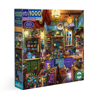Explore eeBoo's Midnight Kitchen | 1,000 Piece Jigsaw Puzzle, featuring a vibrant, detailed kitchen illustration by Alfred Fernandes—perfect for fans of colorful and intricate puzzles.