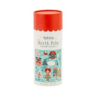 The North Pole | 300 Piece Jigsaw Puzzle by My Mind's Eye comes in a festive cylindrical container with holiday illustrations—perfect for Christmas fun.
