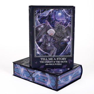 The Tell Me A Story | 250 Piece Jigsaw Puzzle by Kingdom of Threads showcases captivating artwork of a knight and a winged creature from the Stonewater Kingdom, both resting on an elaborately decorated box. Perfect for dark fantasy enthusiasts, this puzzle immerses you in an enchanting tale through its stunning design.
